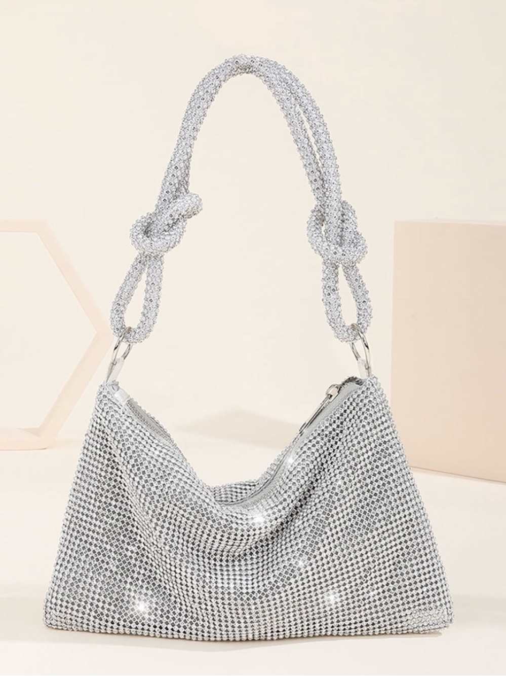 Silver Metallic Knit Shoulder Bag